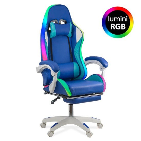 RESIGILAT - Scaun gaming albastru cu alb si suport de picioare OFF 298
