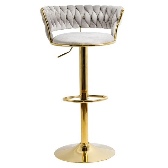 Bar stool with gray velvet upholstery and golden base
