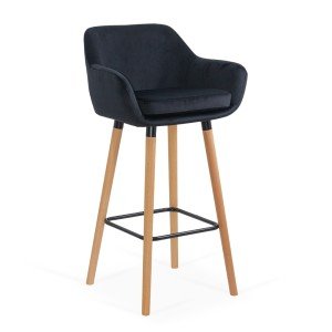 Scaun de bar negru din catifea cu picioare din lemn ABS 1271 Scaun de bar negru din catifea cu picioare din lemn ABS 1271