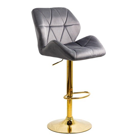 Scaun de bar tapitat cu catifea pivotant si inaltime reglabila cu baza aurie ABS 148 gri