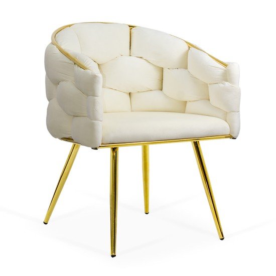 Scaun living crem BUC 251 din catifea cu cadru aurit și design împletit