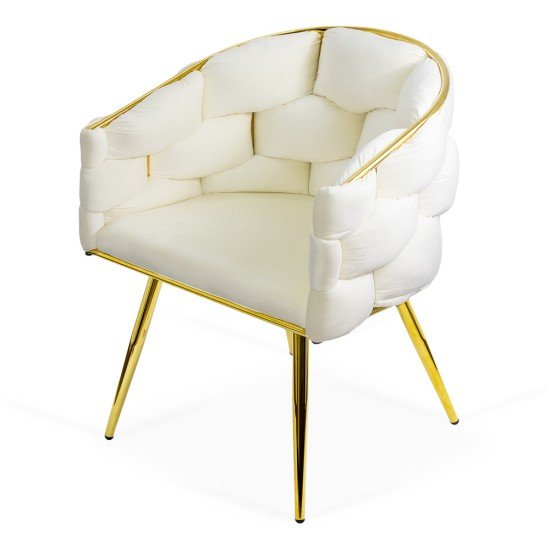 Scaun living crem BUC 251 din catifea cu cadru aurit și design împletit
