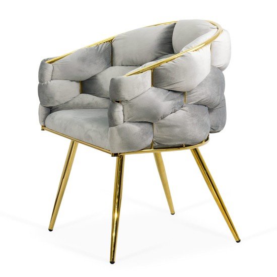 Light gray living room chair BUC 251 made of velvet with gold metal frame