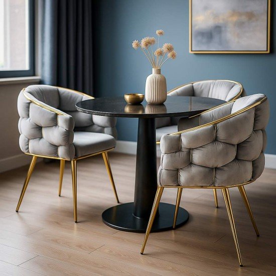 Light gray living room chair BUC 251 made of velvet with gold metal frame