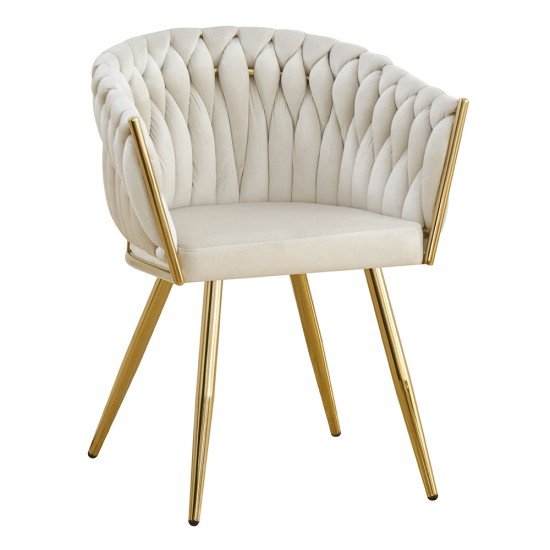 Scaun dining crem din catifea cu picioare metalice aurii BUC 261