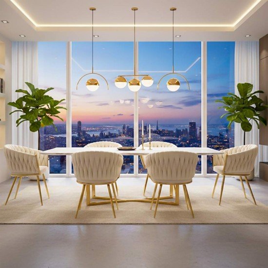 Scaun dining crem din catifea cu picioare metalice aurii BUC 261