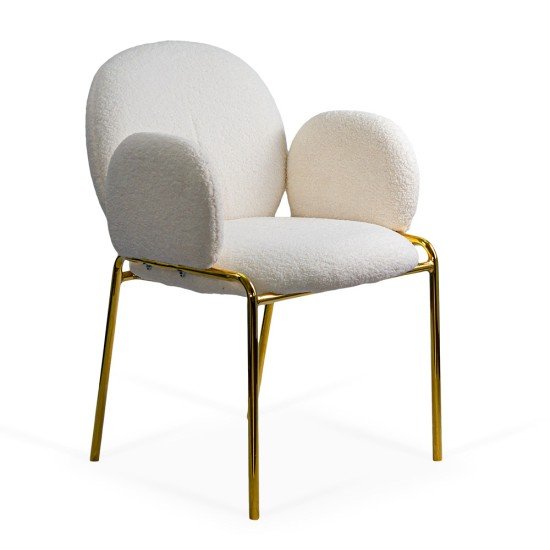 Cream dining chair BUC 282 with boucle upholstery and gold metal frame