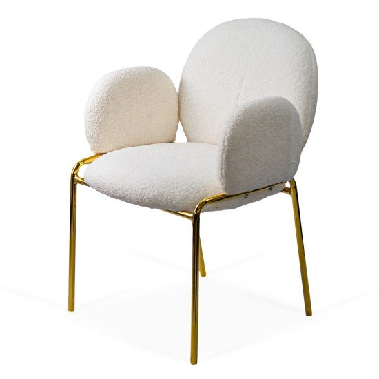 Cream dining chair BUC 282 with boucle upholstery and gold metal frame