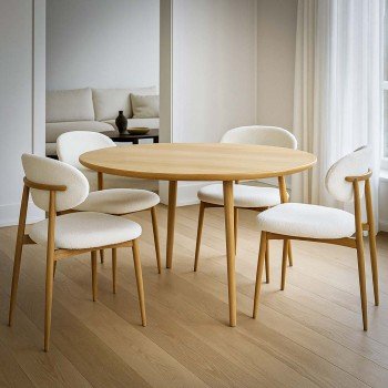 Scaun dining crem din material boucle cu cadru metalic cu aspect lemnos BUC 283