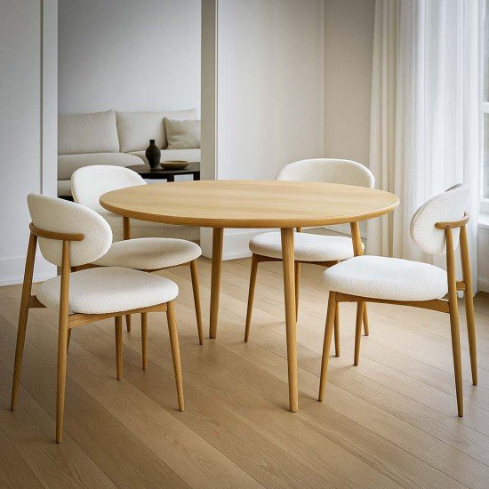 Cream dining chair BUC 283 made of boucle material with a wooden-look metal frame