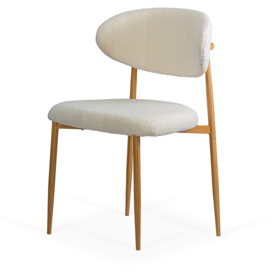 Cream dining chair BUC 283 made of boucle material with a wooden-look metal frame