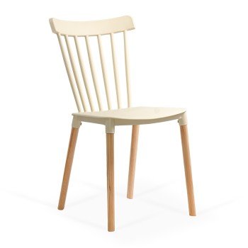 Beige plastic patio chair with wooden legs HRC 595
