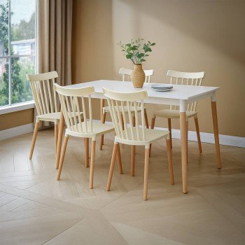 Beige plastic patio chair with wooden legs HRC 595