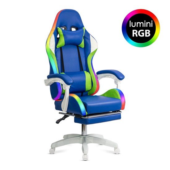 Scaun gaming ergonomic albastru din piele ecologică și bază albă cu iluminare RGB OFF 298