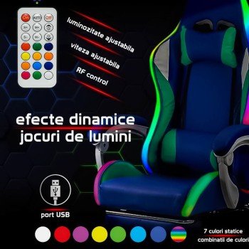 Scaun gaming ergonomic albastru din piele ecologică și bază albă cu iluminare RGB OFF 298