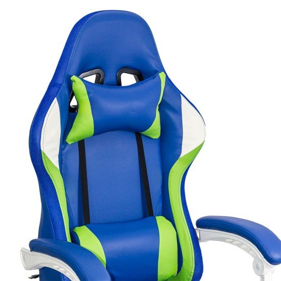 Scaun gaming ergonomic albastru din piele ecologică și bază albă cu iluminare RGB OFF 298