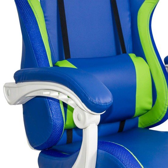 Scaun gaming ergonomic albastru din piele ecologică și bază albă cu iluminare RGB OFF 298