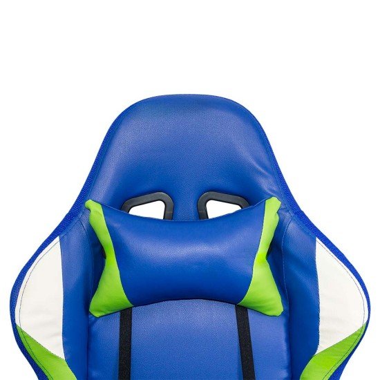 Scaun gaming ergonomic albastru din piele ecologică și bază albă cu iluminare RGB OFF 298