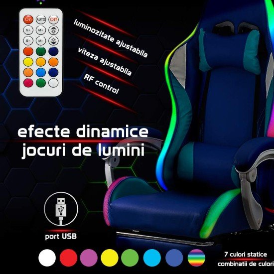 Scaun gaming de birou pentru baieti cu lumini RGB si suport picioare OFF 298 albastru