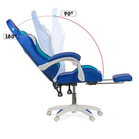 Scaun gaming de birou pentru baieti cu lumini RGB si suport picioare OFF 298 albastru