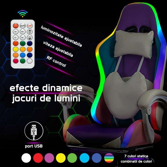 Scaun gaming de birou pentru fete cu lumini RGB si suport picioare OFF 298 mov cu roz Scaun gaming de birou pentru fete cu lumini RGB si suport picioare OFF 298 mov cu roz
