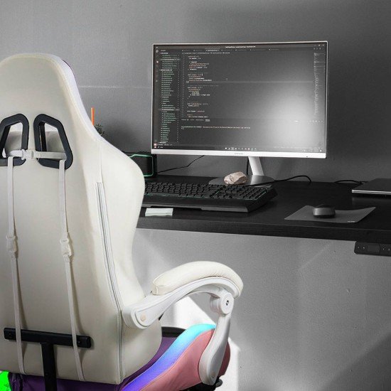 Scaun gaming de birou pentru fete cu lumini RGB si suport picioare OFF 298 mov cu roz Scaun gaming de birou pentru fete cu lumini RGB si suport picioare OFF 298 mov cu roz