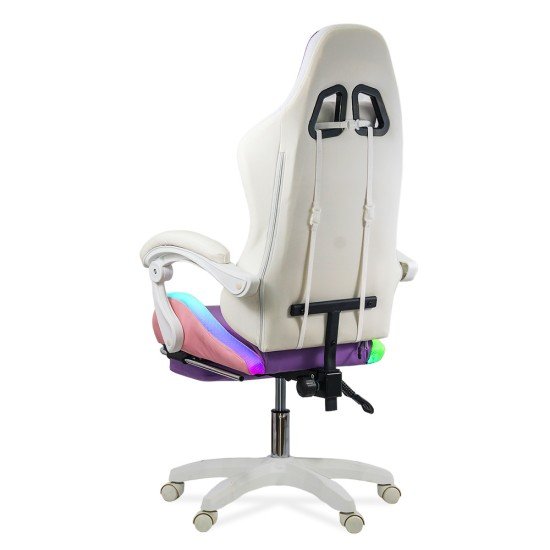 Scaun gaming de birou pentru fete cu lumini RGB si suport picioare OFF 298 mov cu roz