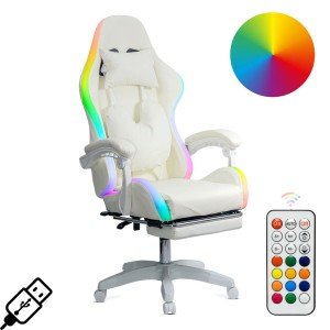 Scaun gaming ergonomic crem din piele ecologică cu suport de picioare si iluminare RGB OFF 298