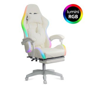 Cream ergonomic gaming chair made of eco-leather with footrest and RGB lighting OFF 298 Cream ergonomic gaming chair made of eco-leather with footrest and RGB lighting OFF 298