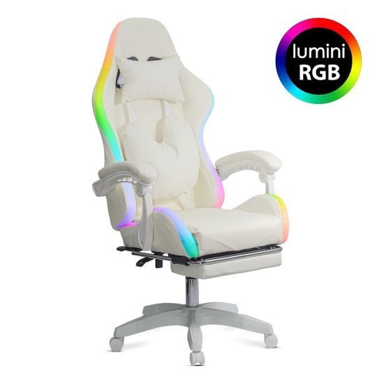 Cream ergonomic gaming chair made of eco-leather with footrest and RGB lighting OFF 298