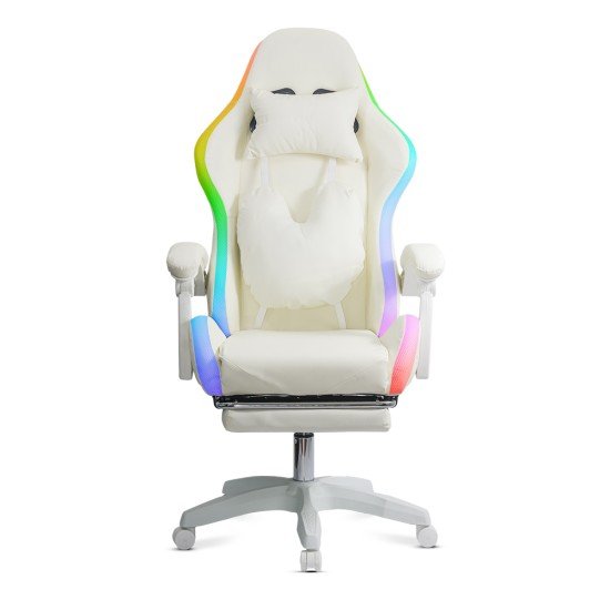Cream ergonomic gaming chair made of eco-leather with footrest and RGB lighting OFF 298