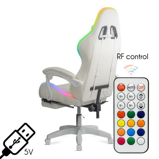 Cream ergonomic gaming chair made of eco-leather with footrest and RGB lighting OFF 298