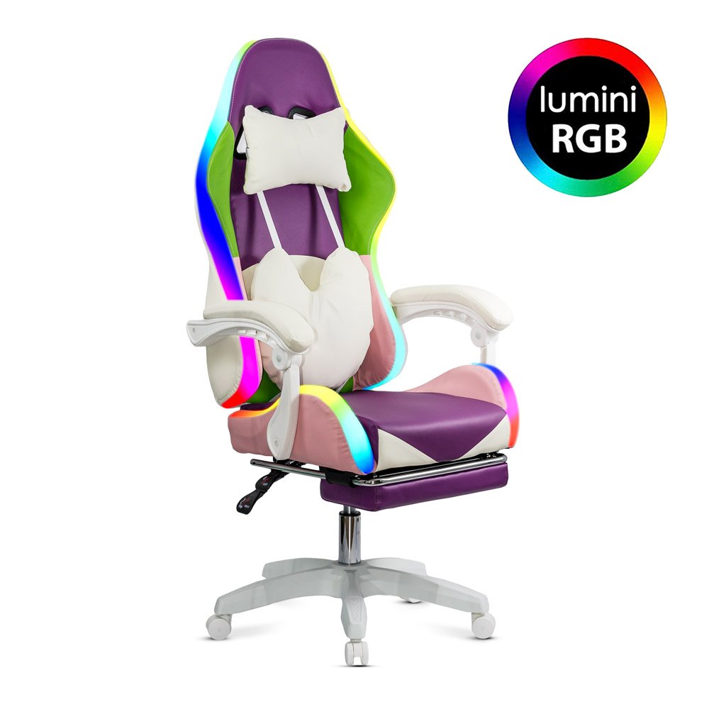 Scaun gaming mov si roz cu suport de picioare si banda LED RGB OFF 298