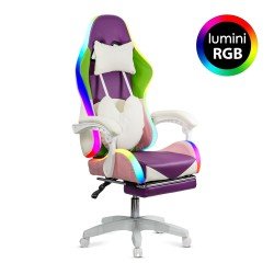 Scaun gaming mov si roz cu suport de picioare si banda LED RGB OFF 298 Scaun gaming mov si roz cu suport de picioare si banda LED RGB OFF 298