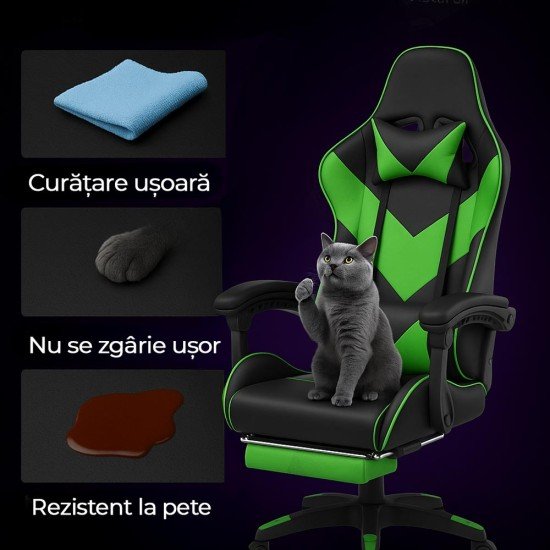 Scaun gaming cu spatar reglabil si suport picioare verde/negru OFF 299