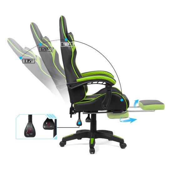 Gaming chair with adjustable backrest and footrest green/black OFF 299