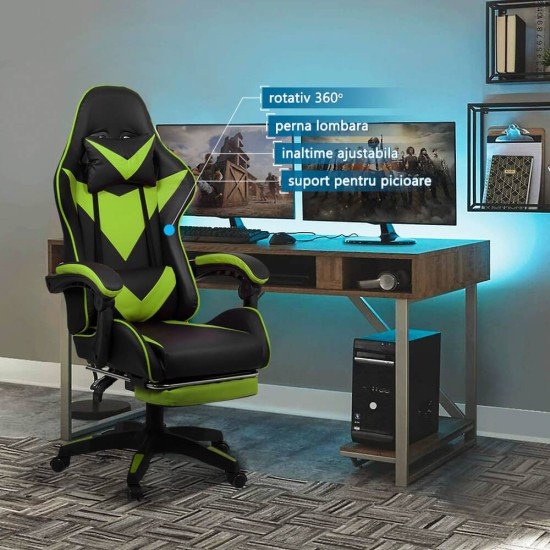 Gaming chair with adjustable backrest and footrest green/black OFF 299