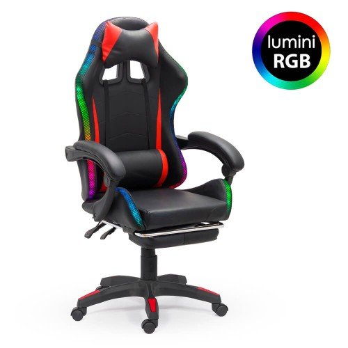 Scaun Gaming cu suport de picioare si LED RGB OFF 303 rosu cu negru scauneonline.ro