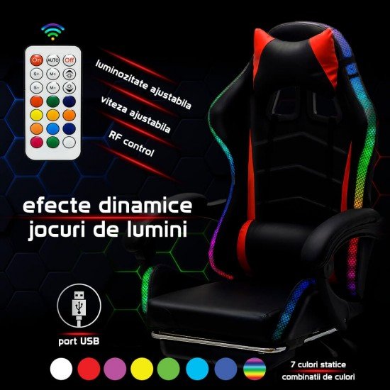 Scaun de Gaming cu suport de picioare si LED RGB OFF 303 rosu cu negru