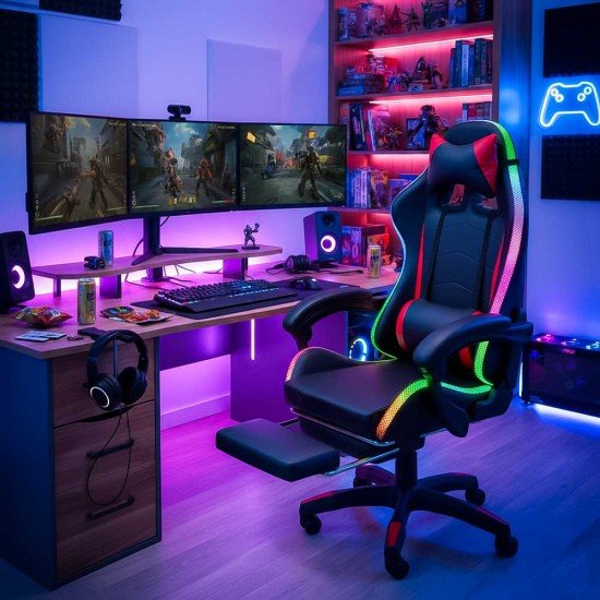 Scaun de gaming negru din piele ecologică cu lumini RGB și funcție de masaj OFF 303