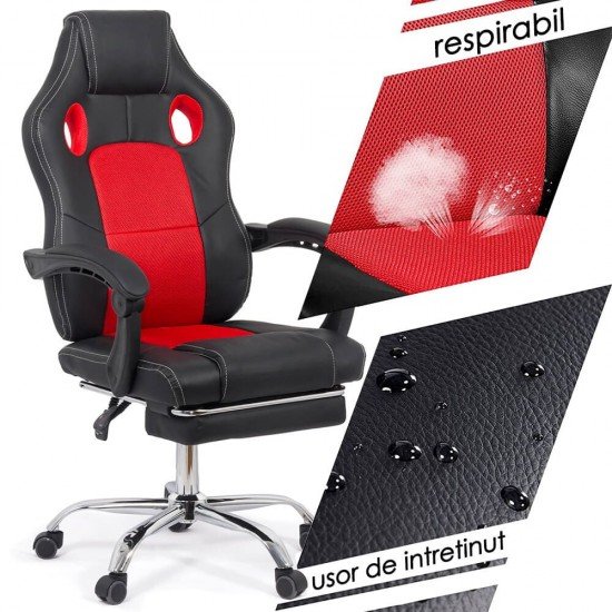 Scaun Gaming de birou cu suport de picioare OFF 3091 rosu