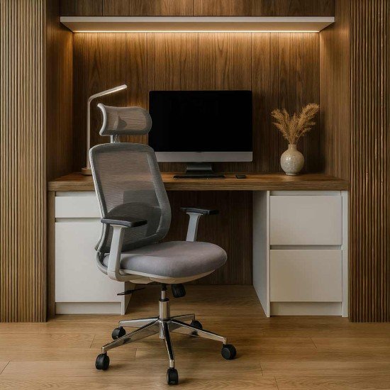 Scaun ergonomic de birou OFF 403 gri din mesh cu tetiera si suport lombar reglabile