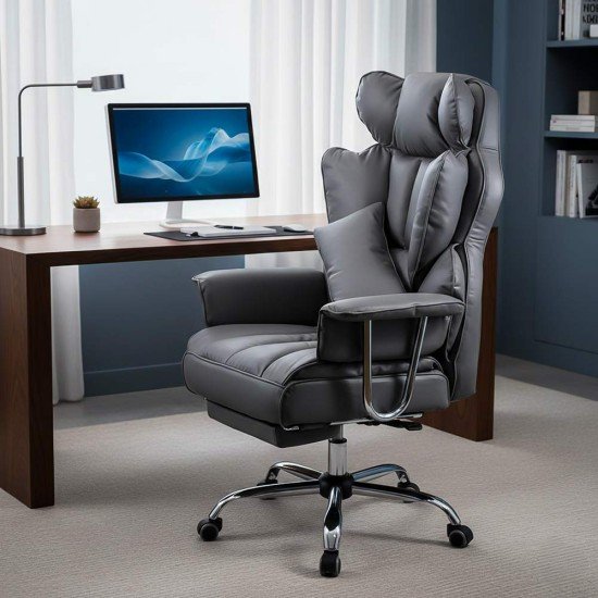 Scaun directorial gri OFF 413 cu suport picioare – piele ecologică