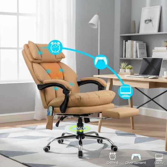 Scaun de birou cu masaj din piele ecologică și cu încălzire OFF 414 bej