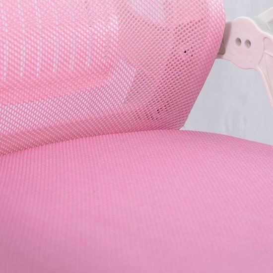 Scaun de birou pentru copii roz cu spătar mesh, cotiere albe rabatabile și bază din plastic PP alb