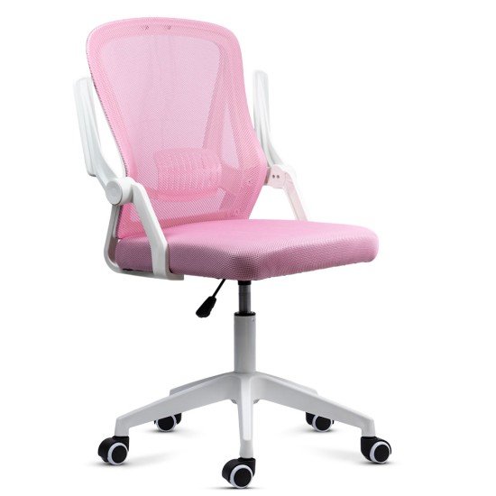 Scaun de birou pentru copii roz cu spătar mesh, cotiere albe rabatabile și bază din plastic PP alb