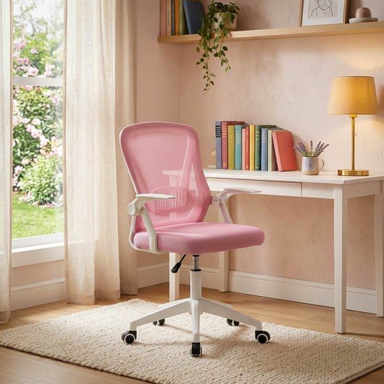 Scaun de birou pentru copii roz cu spătar mesh, cotiere albe rabatabile și bază din plastic PP alb