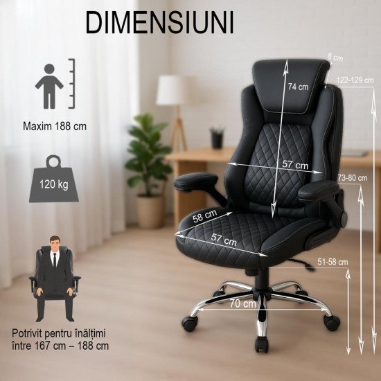 Scaun directorial negru OFF 651 din piele ecologica cu suport lombar si tetiera reglabila