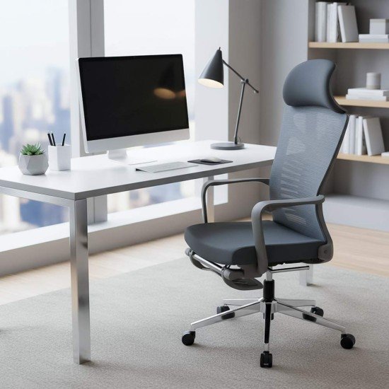 Scaun ergonomic gri SYYT 9502 cu mesh și tetieră