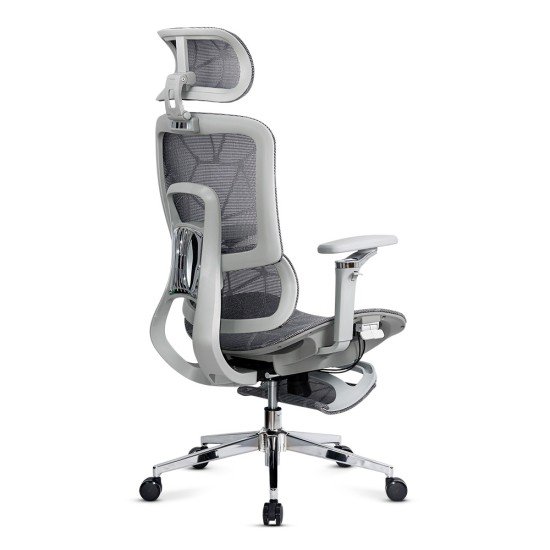 Scaun birou ergonomic gri din mesh cu tetieră reglabilă, brațe 4D și șezut culisant SYYT 9520